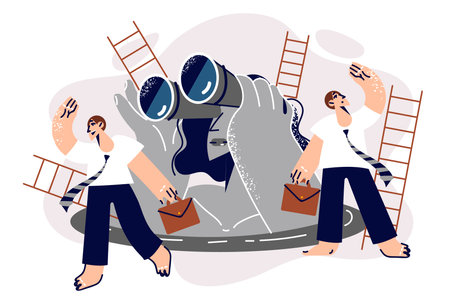 Business men and women with binocular look around, for concept of corporate analytics and planningのイラスト素材