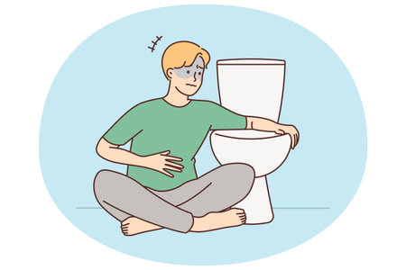 Unhealthy man feeling nauseous near toiletのイラスト素材