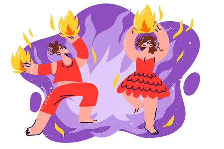 Fire show from couple man and woman dancing rhythmically to music with fire in hands.のイラスト素材