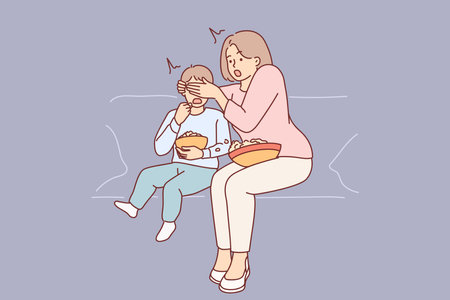 Shocked mother closes son eyes while watching television show with scenes of violenceのイラスト素材