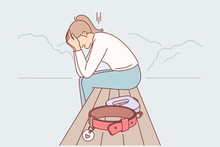 Woman who lost dog cries over loss of beloved pet, sits on bench with empty collar in public parkのイラスト素材