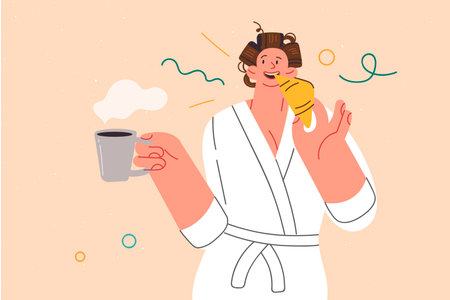 Woman is having breakfast, eating fresh croissant and holding cup of coffee, standing in bathrobeのイラスト素材