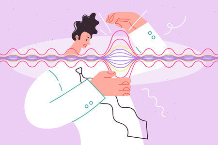 Man scientist looks at gravitational wave with confused face, studying science of physicsのイラスト素材