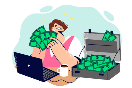 Business woman freelancer with bunch money earned on internet, sitting at table with laptopのイラスト素材