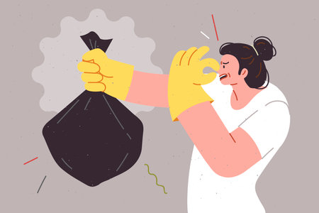 Stinking bag of garbage in hands of woman disgusted by unpleasant smell of missing organic wasteのイラスト素材