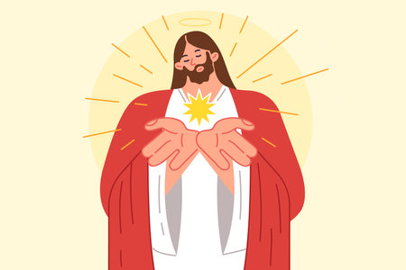Jesus from christian religion demonstrates light emanating from palms by bowing head with haloのイラスト素材