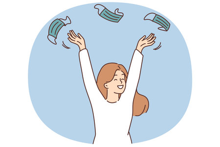 Smiling woman throwing face masks excited about pandemic endのイラスト素材