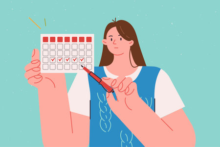 Calendar showing menstrual cycle in hands woman declaring importance of uterine and ovarian healthのイラスト素材