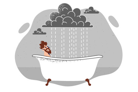 Man relaxes in hot bathtub, relieving stress after work, located under cloud with rainのイラスト素材