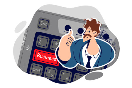 Businessman shows thumbs up gesture, standing near computer to do office work with softwareのイラスト素材