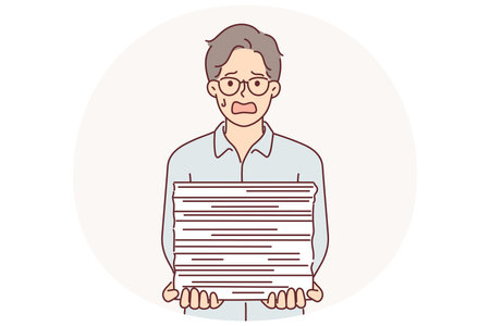 Weeping businessman with bunch of paperwork is suffering from paperwork overload and bureaucracyのイラスト素材