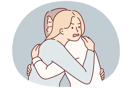 Woman with angry expression hugs girl friend hiding envy or jealousy in order to deceiveのイラスト素材