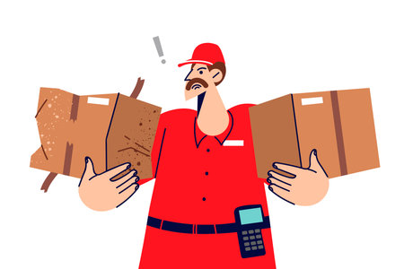 Clumsy courier damaged and dented one of boxes while delivering or moving parcelのイラスト素材