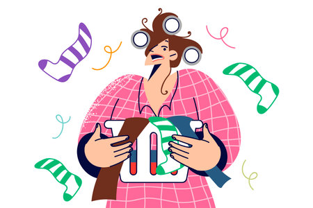 Panicking woman housewife preparing to do laundry, holding basket with dirty socks and underwearのイラスト素材