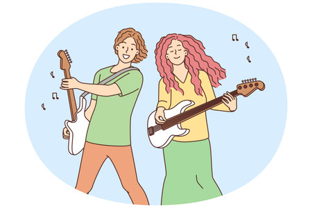 Happy musicians playing on guitarsのイラスト素材