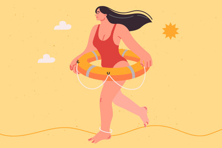 Woman beach lifeguard dressed in swimsuit walks along seashore with lifebuoy on beltのイラスト素材