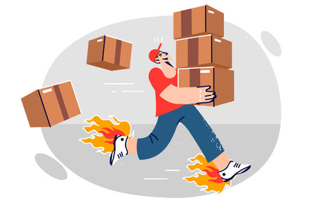 Man courier from express delivery company runs with boxes in hurry to delivery order to clientのイラスト素材