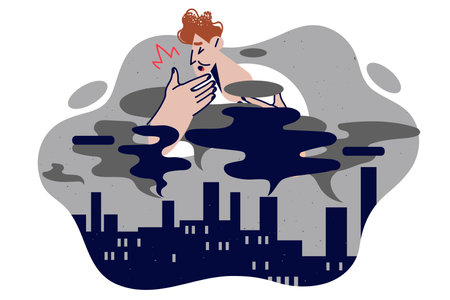 Toxic exhaust from factories causes man to cough and pollutes air, causes cancer diseaseのイラスト素材