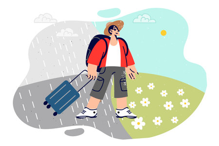 Man travels and sees climate change after trip to south, standing with tourist suitcaseのイラスト素材