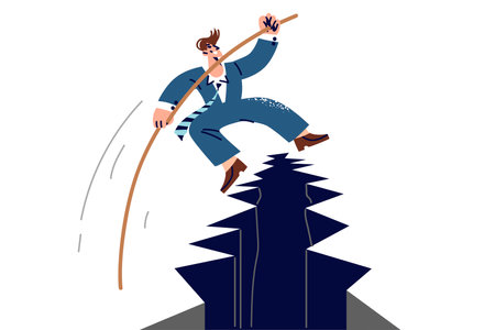 Business man manager overcomes obstacle on way, crossing large hole with help of poleのイラスト素材