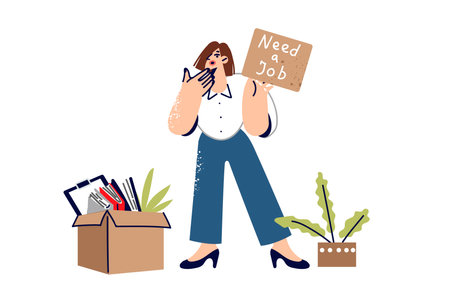Fired woman shows inscription need job, standing near dismissal box and trying to find new employerのイラスト素材