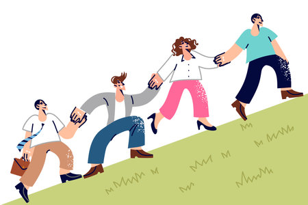 Friendly team of office workers climb hill together and hold hands, demonstrating teamwork skillsのイラスト素材