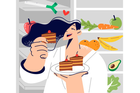 Woman eats dessert, breaking diet due to lack of willpower, and stands near fruits and vegetablesのイラスト素材