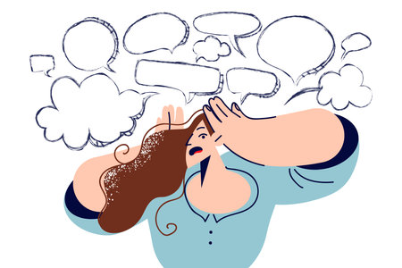 Overabundance information causes headaches in woman clutching head, standing under dialogue cloudsのイラスト素材