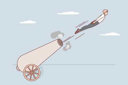 Business man demonstrates willingness to take risks, flies out of retro cannon instead of cannonballのイラスト素材