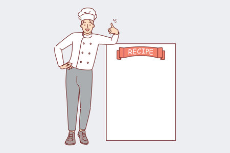 Man restaurant chef stands near blank recipe sheet and shows thumbs up as sign of approval of menuのイラスト素材
