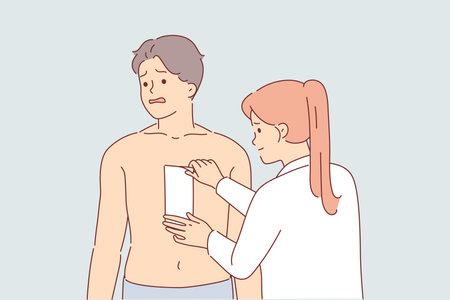 Depilation hair on chest of man, experiencing pain from tearing wax tape, stands near cosmetologistのイラスト素材