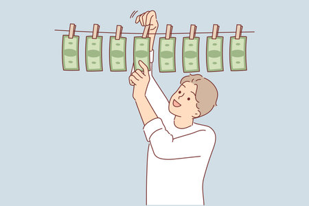 Man laundering money received from illegal business hangs banknotes on rope, rejoices at enrichmentのイラスト素材