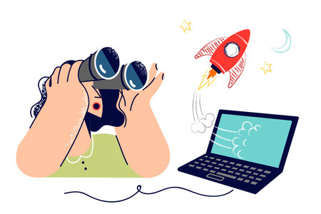 Woman watches launch of rocket through laptop, marveling at new technologies in space fieldのイラスト素材