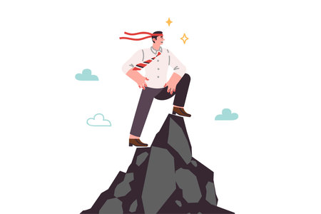 Successful man leader stands on top of cliff with bandage on head and looks confidently into futureのイラスト素材