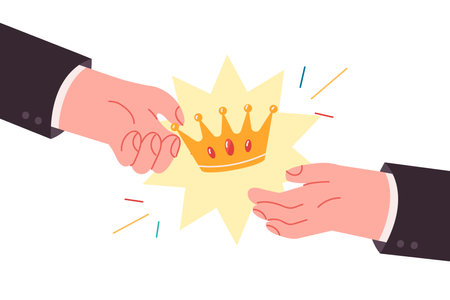 Hands of people with golden crown handing over trophy to winner of business competitionのイラスト素材
