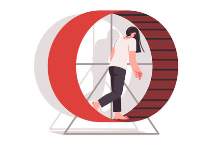 Tired woman walks on hamster wheel, feeling burnout and frustration due to overworkのイラスト素材