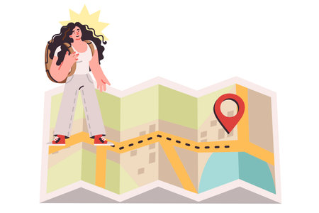 Woman stands on large paper map with route line, traveling with backpack on backのイラスト素材