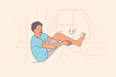 Severe pain or spasm in leg woke up man, making suffering grimace as rose from bedのイラスト素材
