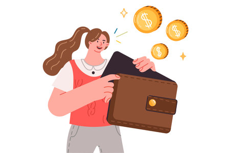 Wallet in hand woman considering own budget for financial planning and accounting for expensesのイラスト素材
