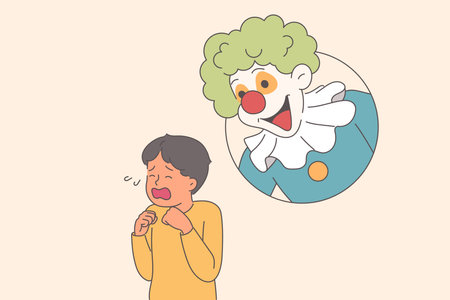 Hysterical behavior of little boy, seeing clown and frightened due to coulrophobiaのイラスト素材