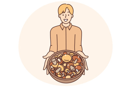 Smiling man hold bowl with mushroomsのイラスト素材