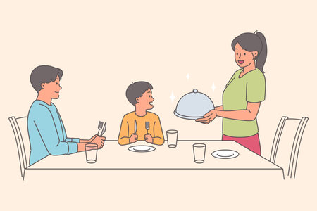 Caring woman serves dinner to husband and son sitting at table, during family holidayのイラスト素材