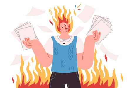 Angry man, nervous about bureaucracy and overabundance of paperwork, stands among flamesのイラスト素材