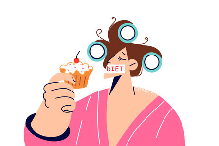 Woman is going to break diet by eating sweet dessert with lot of fat and carbohydratesのイラスト素材