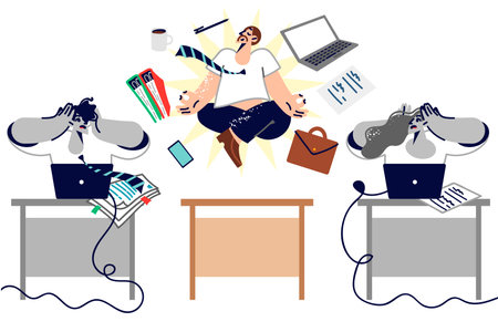 Man office worker meditation at workplace levitating during yoga class near shocked colleaguesのイラスト素材