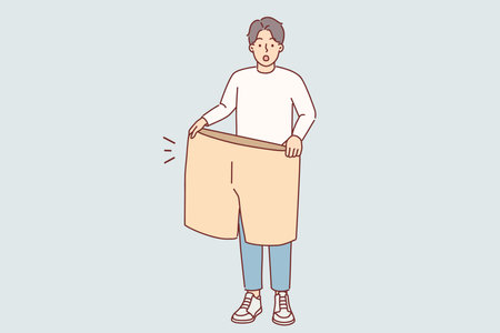 Lost weight man with big shorts in hands is surprised at size of own clothes from pastのイラスト素材