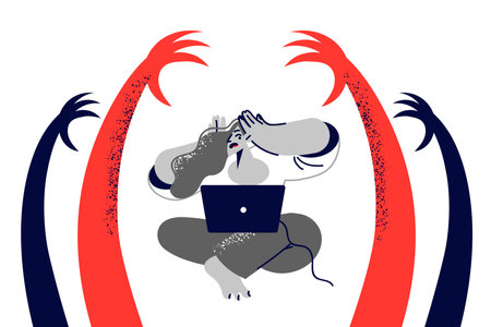 Woman victim internet bullying suffers because of trolls, sitting with laptop among hands monstersのイラスト素材