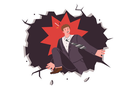 Business man escapes bad job through hole in wall, wishing for better opportunities for developmentのイラスト素材