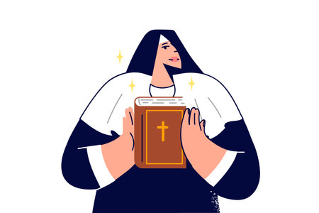 Woman nun holds holy bible in hands and demonstrates main Christian book to parishionersのイラスト素材
