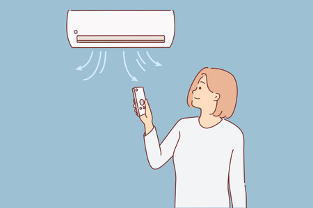 Woman stands under air conditioner and uses remote control to switch temperature modeのイラスト素材